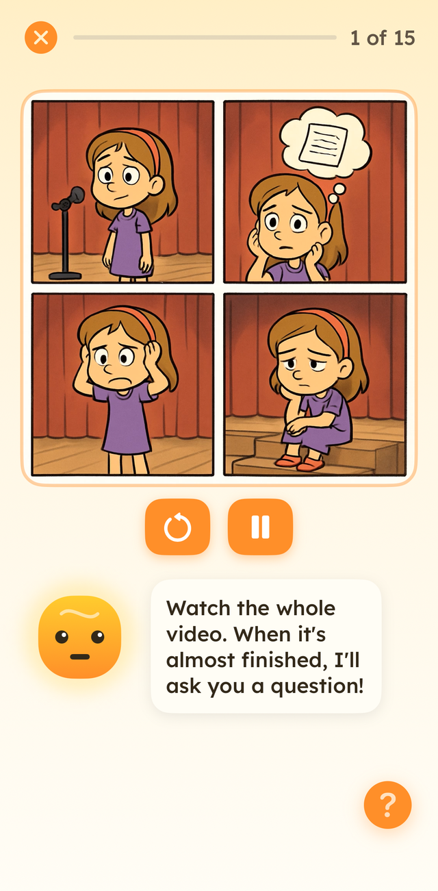 A Problem Size story screen showing an animated comic and a friendly prompt to watch the whole video.