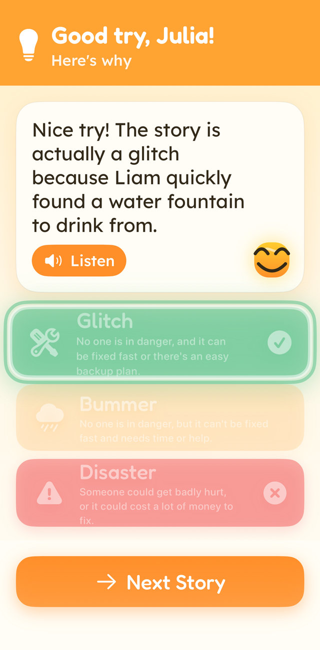 A Problem Size feedback screen where Bolt gives an encouraging explanation and highlights the Glitch answer.