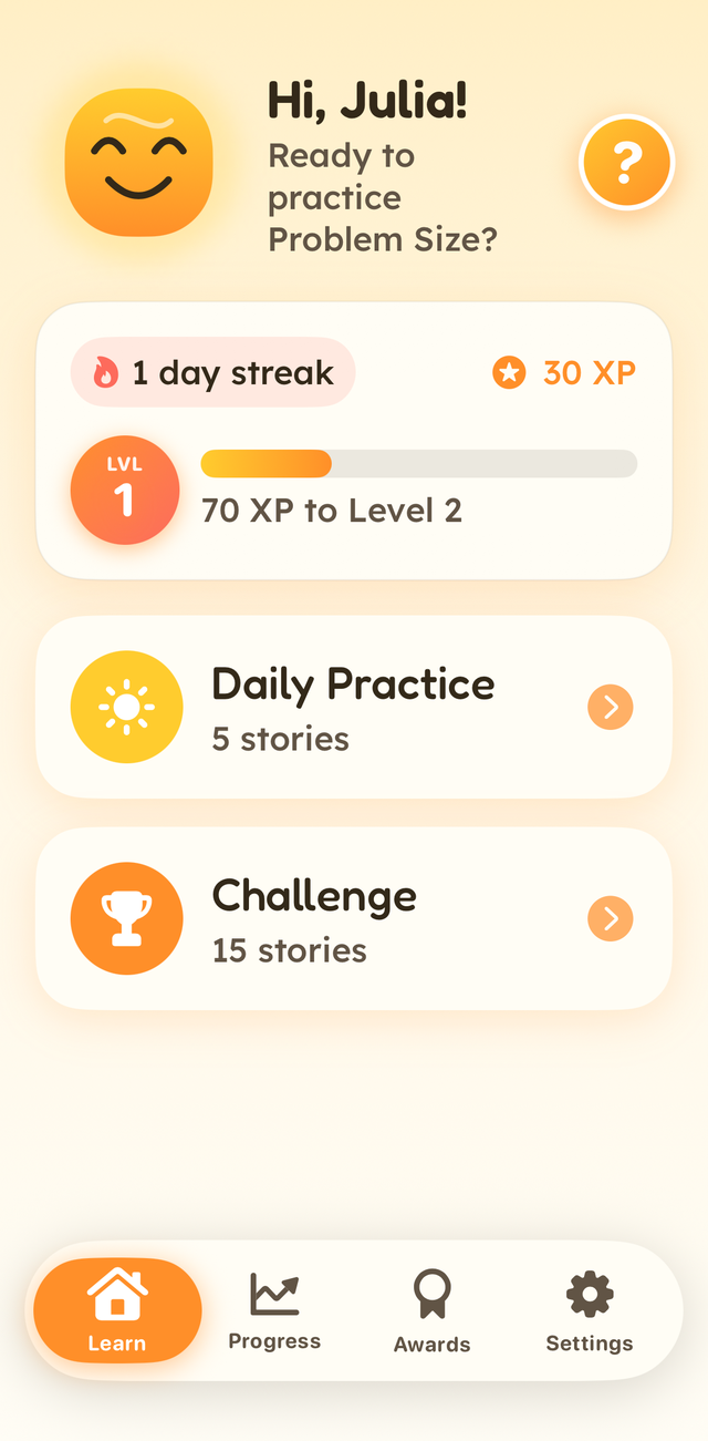 The Problem Size home screen with a streak, XP, and Daily Practice and Challenge modes.
