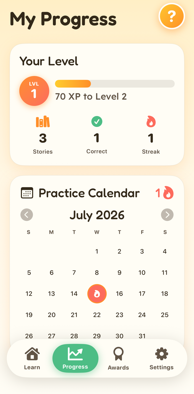 The Problem Size progress screen showing level, stats, and a practice calendar with a streak.